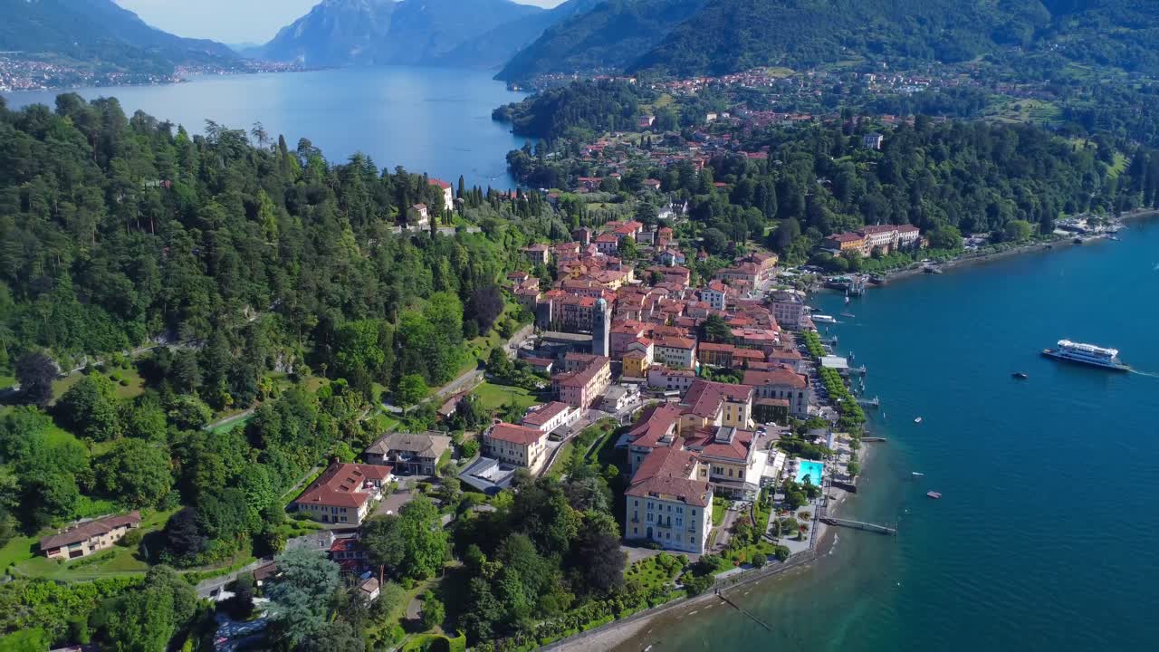 Aerial view over Bellagio Peninsula on Italy's dreamy Lake Como in summer sun