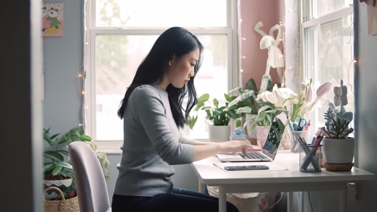 A young woman sits at her home office desk, engaged in her work on a laptop. Sunlight streams through the window, illuminating plants and decorations around her, creating a cozy atmosphere.