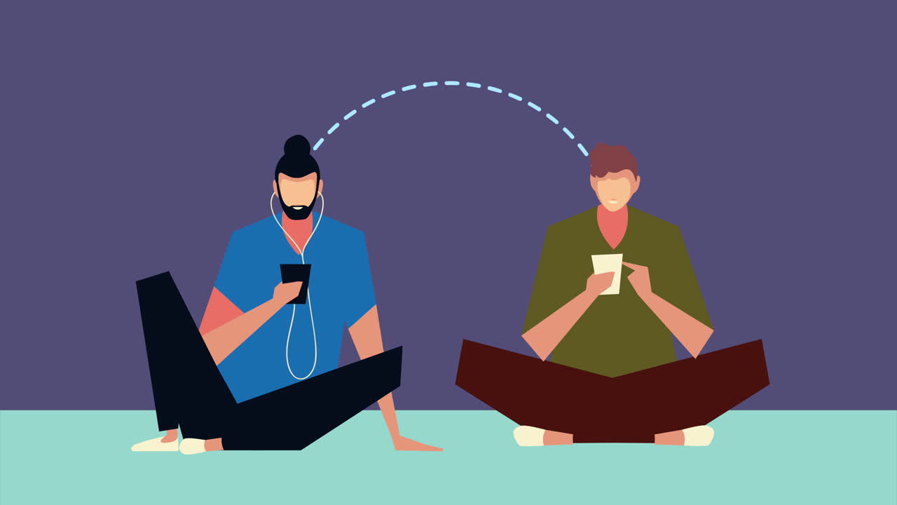 스마트폰 캐릭터를 사용한 소년들이 앉아 있습니다.