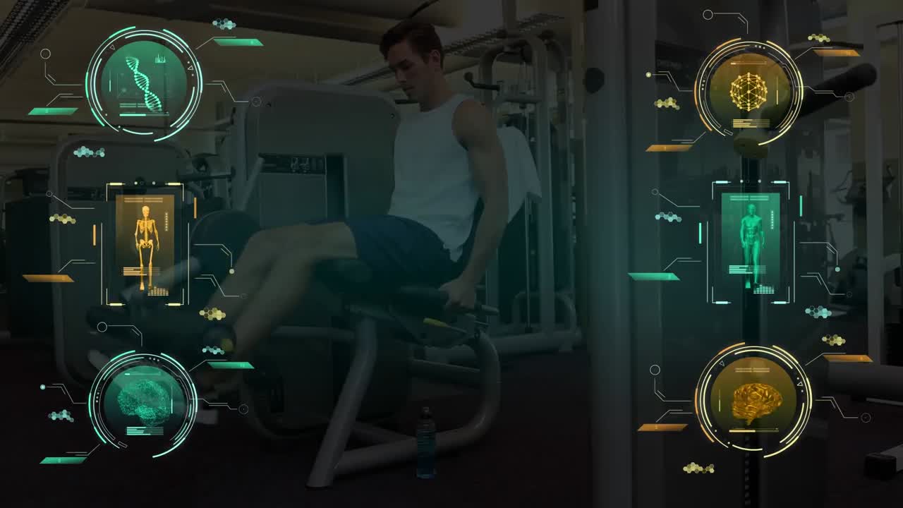 체육관에서 운동하는 백인 남성에 대한 데이터 처리 애니메이션