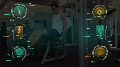 Animation-of-data-processing-over-caucasian-man-exercising-in-gym