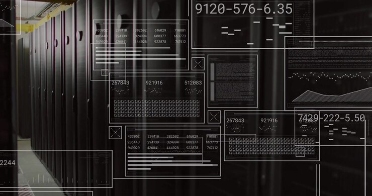 Server racks lining aisle being rendered in 3D, displaying floating HUD panels and cable trays
