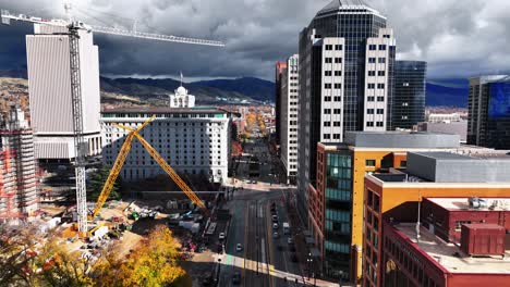 AERIAL---Flying-over-West-Temple-Street-and-Main-Street,-Salt-Lake-City,-Utah