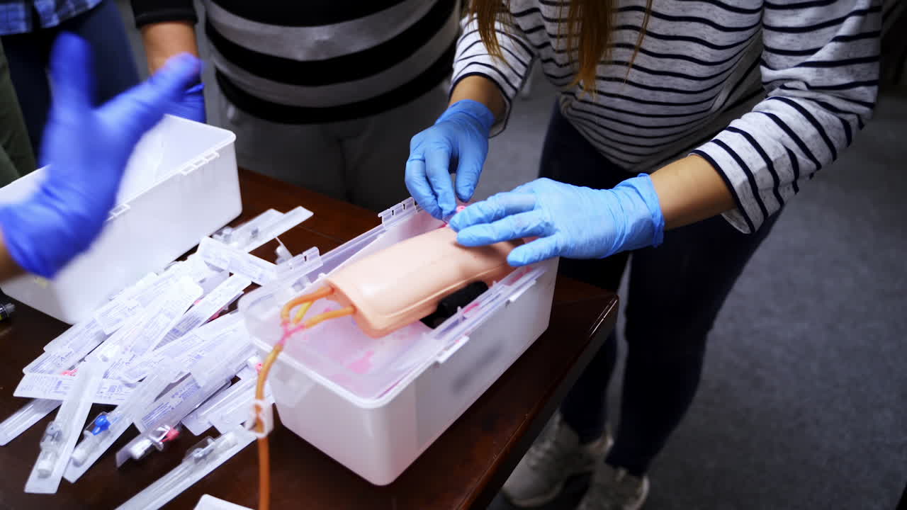 Training injection into a vein on a mannequin arm. Student studying how to put dropper in a training center. Medical practice.