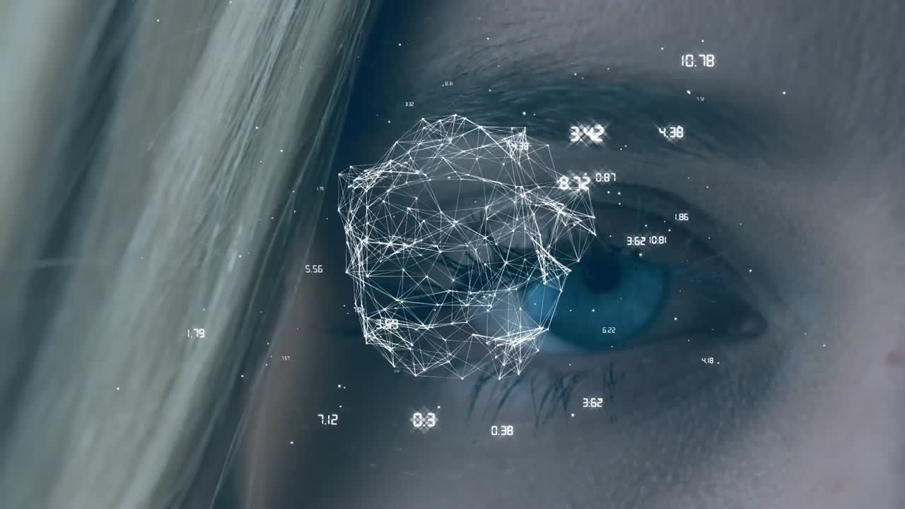 occhi blu di una donna bionda caucasica che si apre lentamente. 3d punto di connessione sulla formazione di palla e diversi