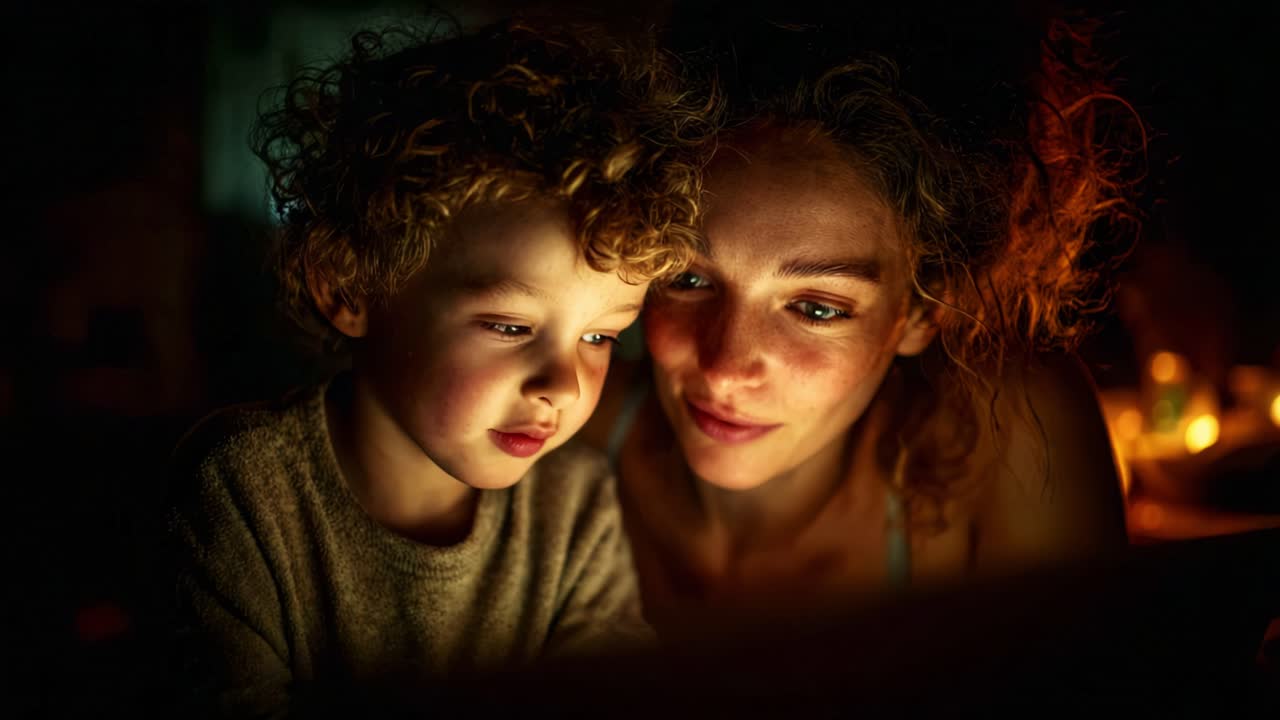 A Tender Moment Between a Mother and Her Child as They Share a Joyful Experience Together, Illuminated by the Soft Glow of a Screen in a Cozy Atmosphere of Togetherness