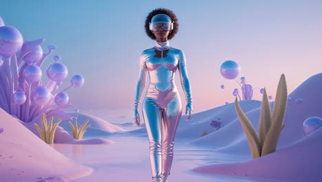futuristic figure in a surreal alien landscape