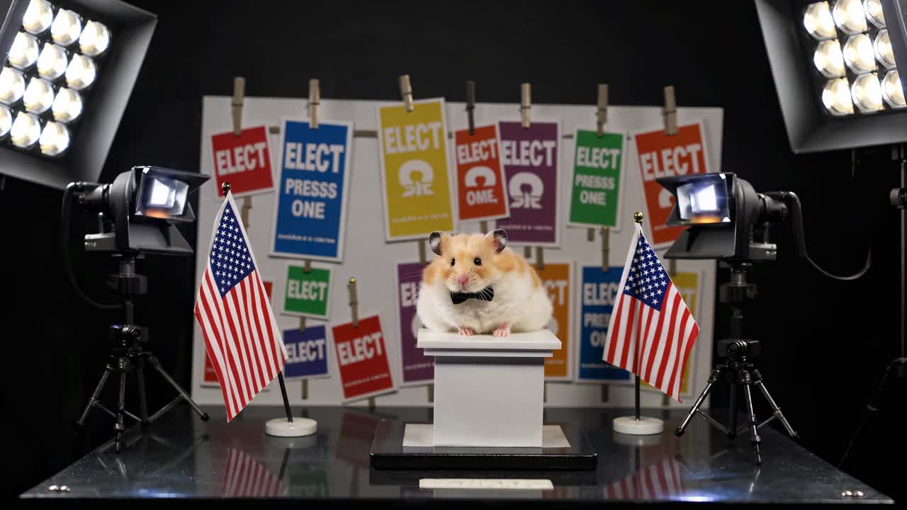 Costumed hamster delivering impassioned political speech at podium with campaign flags, wearing bow tie under bright studio lights against white background