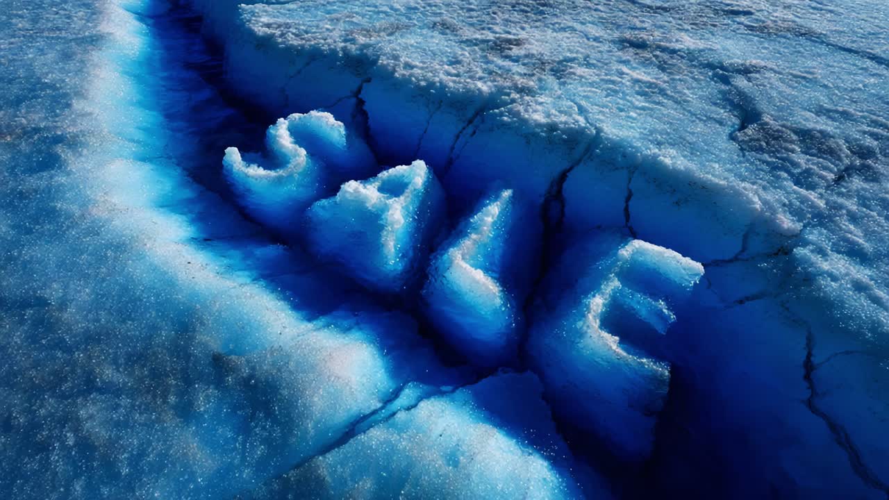 A Brilliant Blue Ice Formation Showcasing the Word 'SALE' Carved into Its Frosty Surface, Highlighting the Unique Textural Contrast Against the Icy Background
