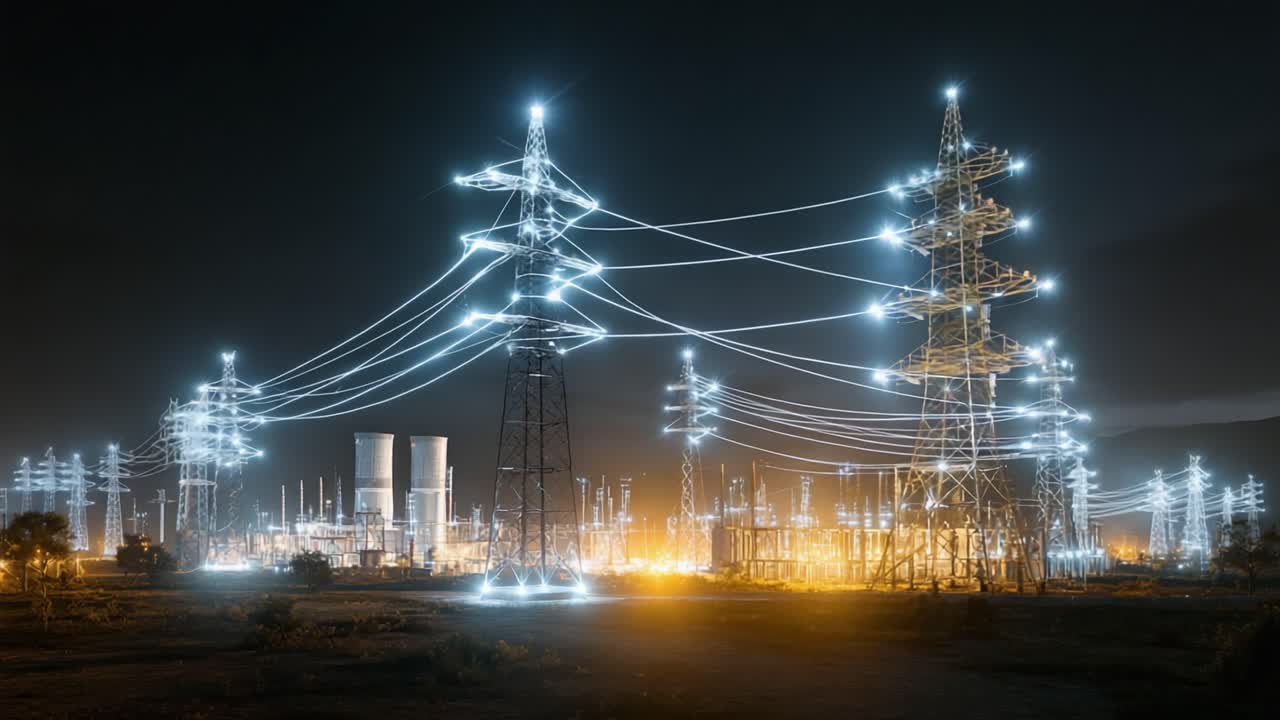 エネルギーインフラの見事な変革：送電線が夜空を照らし、電力とテクノロジーの魅惑的な光景を繰り広げる