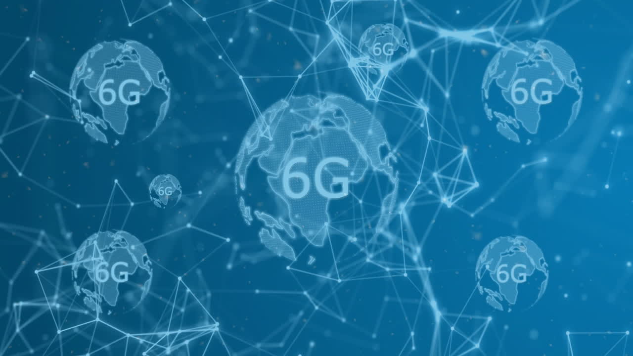 Animation of 6g text, network of connections and data processing over globes on blue background