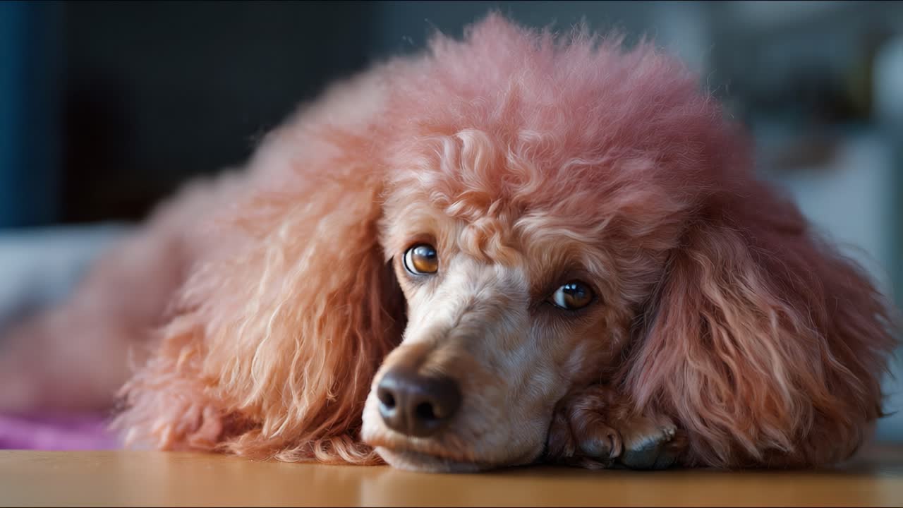 Un barboncino dai capelli rosa appoggia la testa su un tavolo, mettendo in mostra il suo pelo soffice unico e gli occhi espressivi, catturando gli spettatori con il suo aspetto adorabile