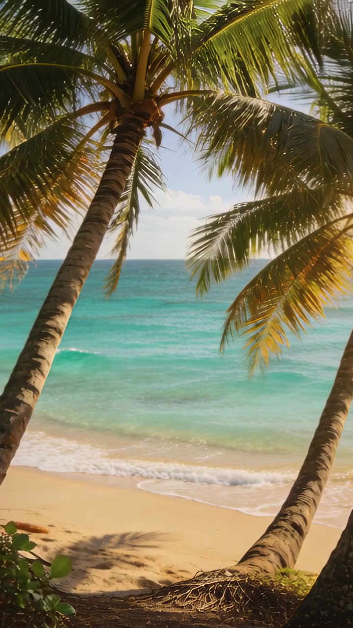 Vertical video: Panning shot revealing two coconut palms framing turquoise sea, exposing roots