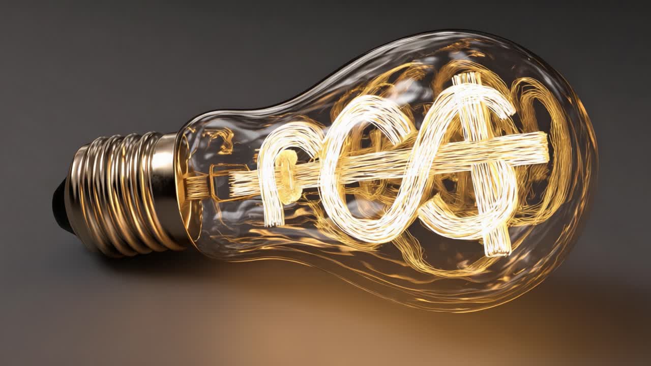 A Stunning Artistic Representation of an Illuminated Light Bulb Featuring Intricate Copper Filament Designs Forming a Dollar Sign Within, Highlighting Innovative Financial Themes