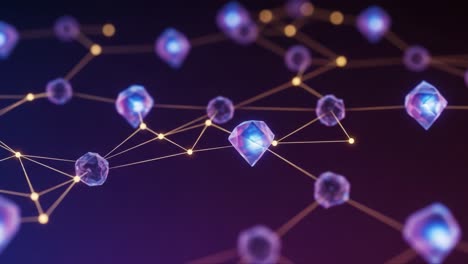 exploring the intricate connections of glowing crystals and molecular structures in a vibrant digital network