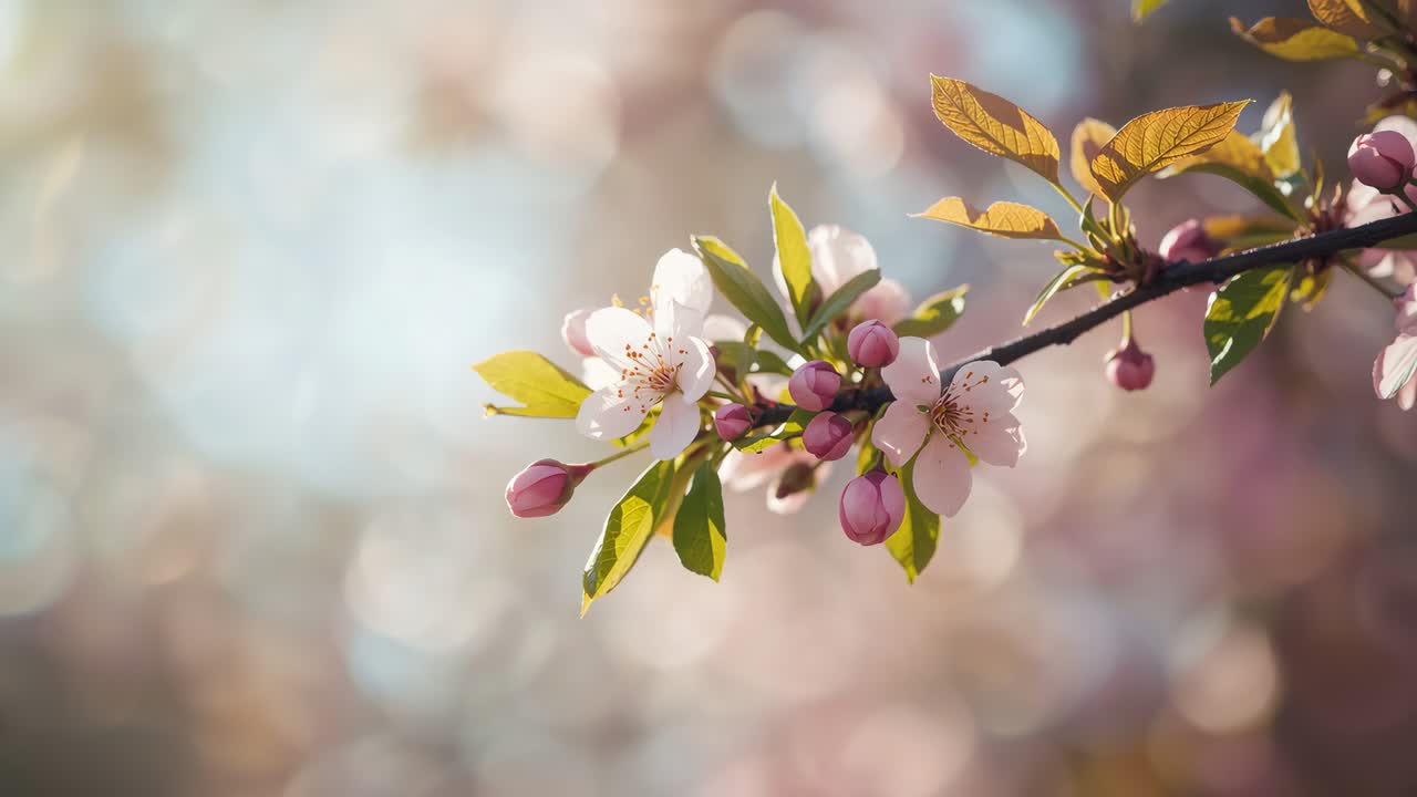 Swaying slender dark branch with pale-pink blossoms shifting in garden breeze, petal drifting