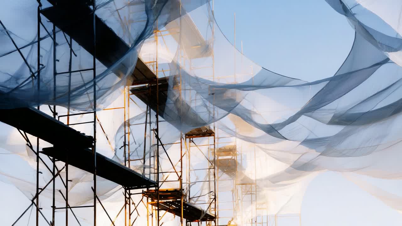 A stunning visual of a construction site showcasing intricate scaffolding wrapped in delicate nets against a clear sky, delivering a unique perspective on modern architecture and design