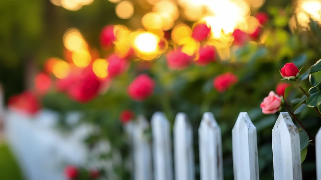 Roses bloom by a fence. Roses of various shades bloom alongside a white picket fence during golden hour, creating a serene garden atmosphere.