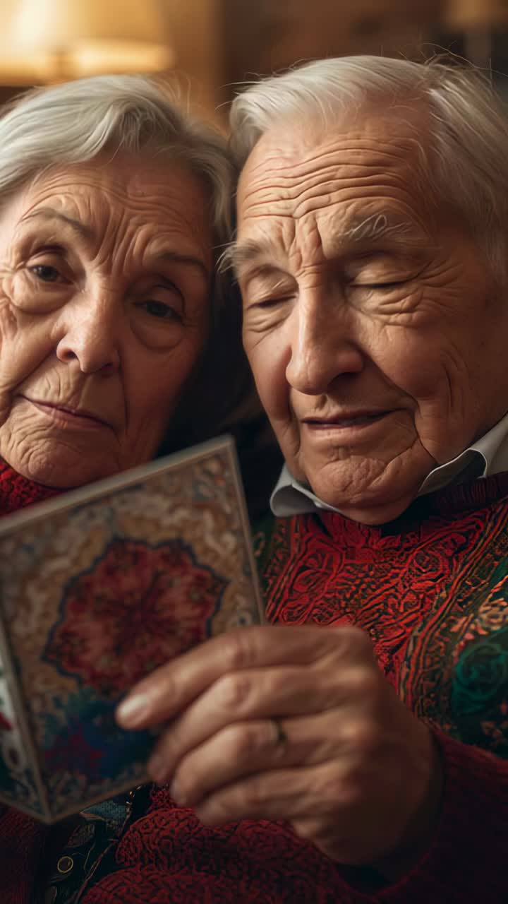 Vertical video: Opening greeting card sparking senior couple exchanging gaze in cozy living room