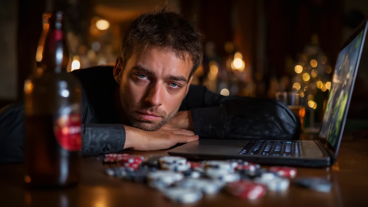 A Pensive Moment of Reflection as a Young Man Engages in Online Gambling, Surrounded by Poker Chips and a Beverage, Illuminated by the Glow of His Laptop in a Dimly Lit Atmosphere
