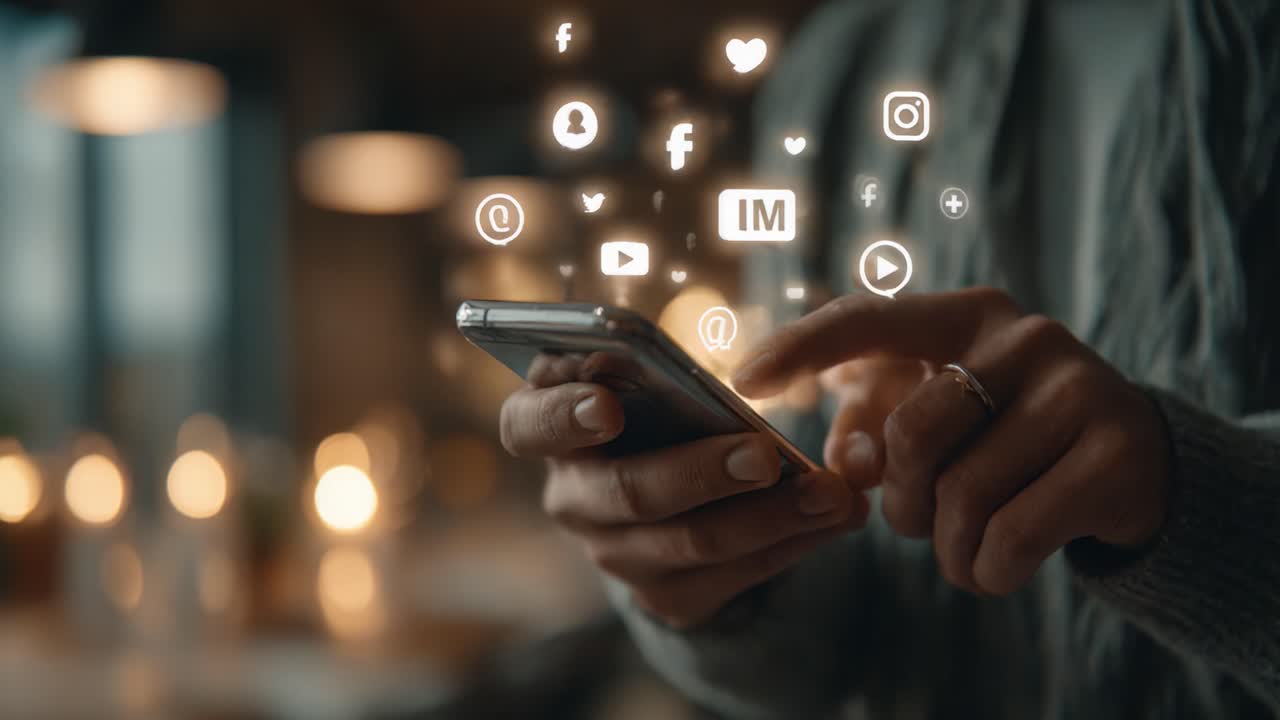 A User Engaged in Social Media Interaction, Navigating Various Platforms on a Smartphone as Social Icons Emerge in a Warm Atmosphere, Crafting Connections and Sharing Moments