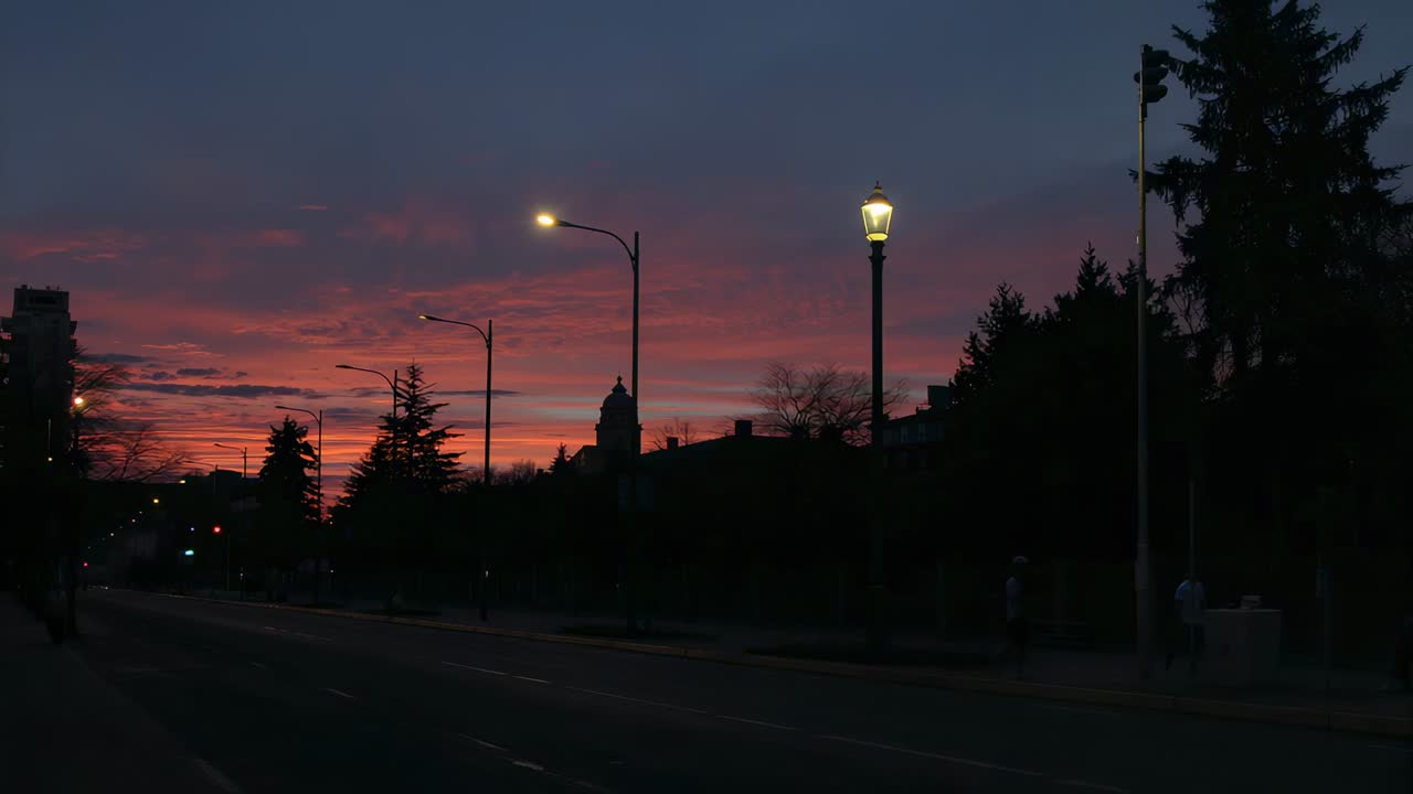 Glowing lamppost and dome holding dusk road, sunset causing SUV moving left, car entering right