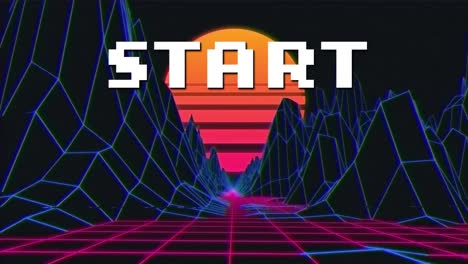 Animation-Des-Starts-Von-Weißem-Pixeltext-über-Blauem-Gittertal-Und-Orangefarbener-Sonne