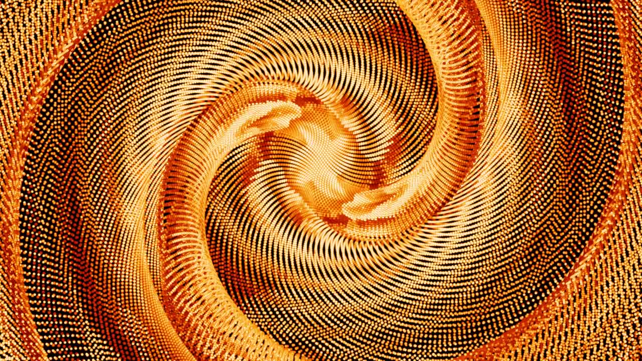 Sfera astratta di particelle di lava con tonalità di fiamma rosso-arancio che ruota lentamente su sfondo con texture.