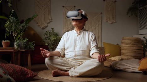 person meditating with a vr headset in a peaceful room