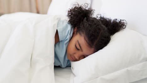 tired, relax and child sleeping in her bed