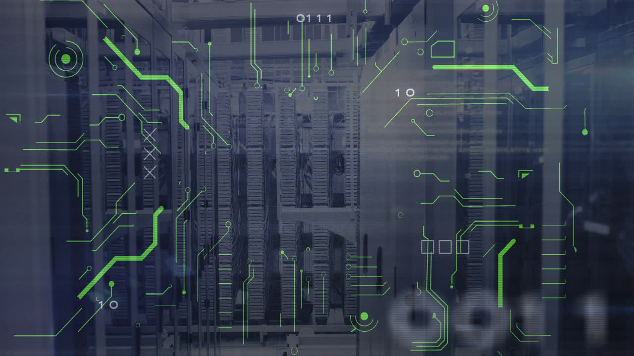 Server racks showing neat cable trays and patch panels, floating binary digits dancing around scene