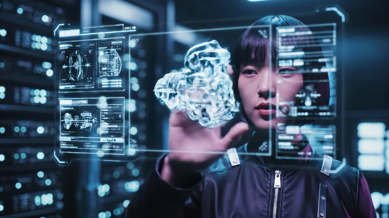 Woman interacting with a futuristic hologram