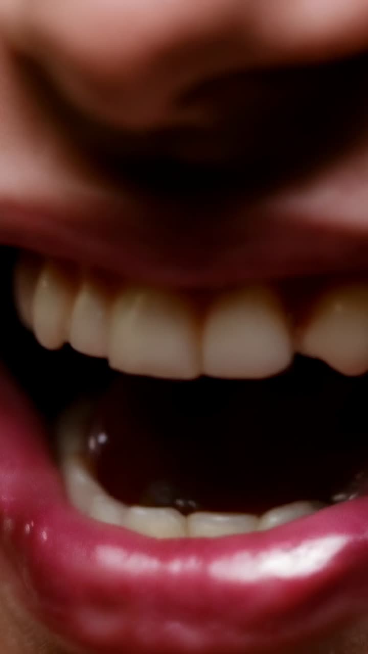 Video verticale: primo piano della bocca di una donna che inizia a parlare, aprendo e chiudendo le labbra rosa lucido
