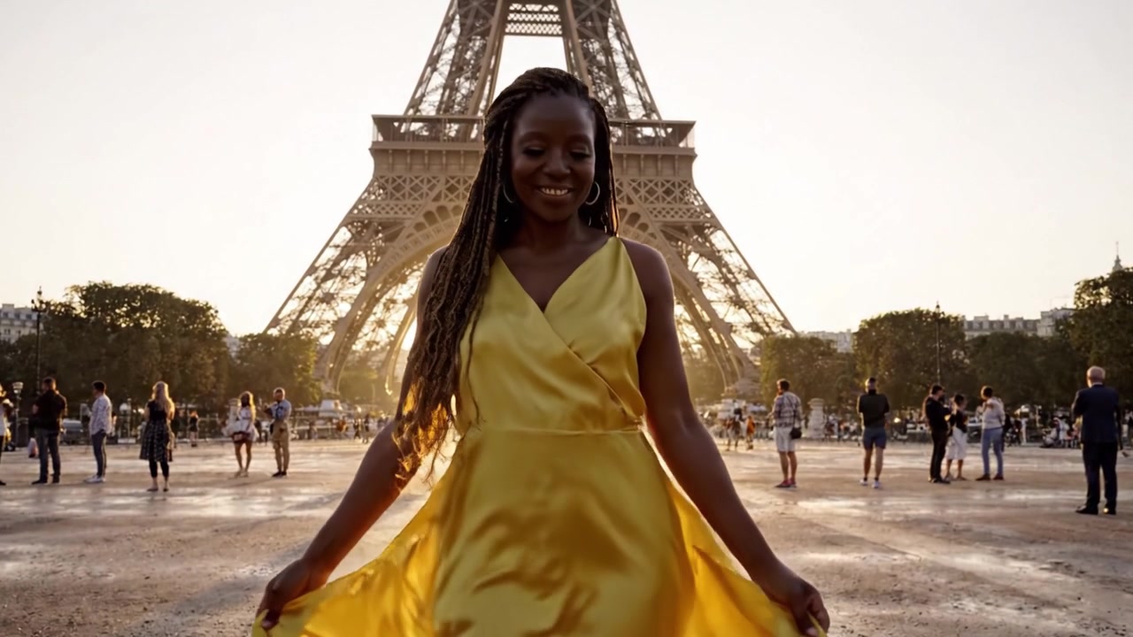 Una silhouette di una donna che indossa un abito giallo svolazzante si staglia contro lo splendido sfondo della Torre Eiffel, bagnata dalla luce dorata del tramonto, catturando un momento di bellezza e serenità.