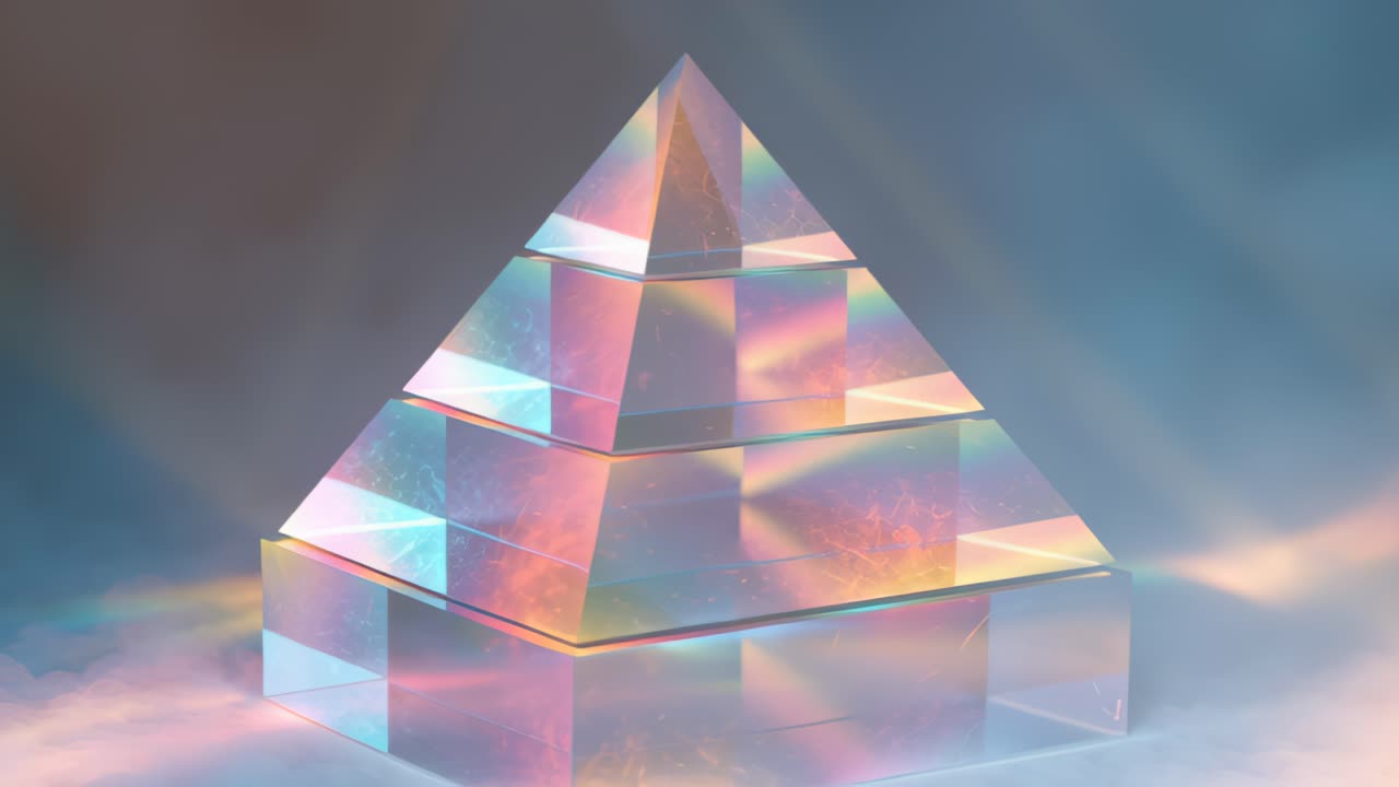 Abstract footage of a transparent glass pyramid prism with iridescent rainbow light refractions and soft bokeh glow on a dreamy pastel background, studio lighting