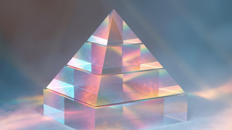 Ripresa astratta di un prisma piramidale di vetro trasparente con rifrazioni di luce iridescente arcobaleno e un morbido bagliore bokeh su uno sfondo pastello sognante, illuminazione da studio.