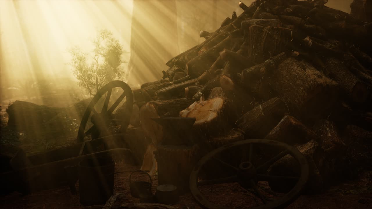 해가 지는 시점 에 숲 에서 겨울 을 위해 연료 를 준비 하는 것