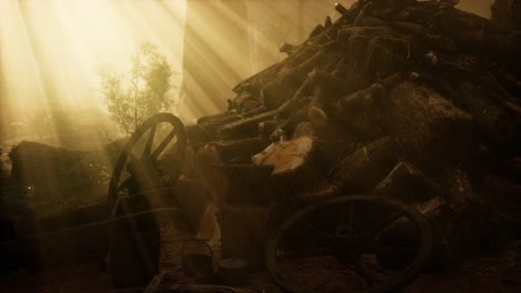 preparation of firewood for the winter in forest at sunset