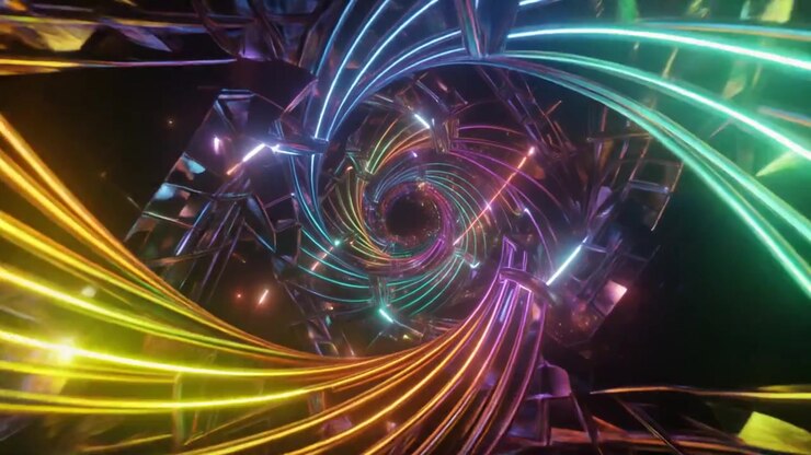 Abstract Neon Light Tunnel with Rotating Geometric Structures