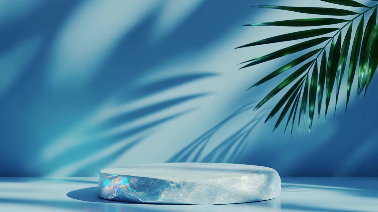 Empty Marble Product Display Podium with Palm Leaf Shadow on Blue Background