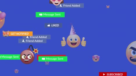 animación de múltiples textos en barras y múltiples emojis contra un fondo azul