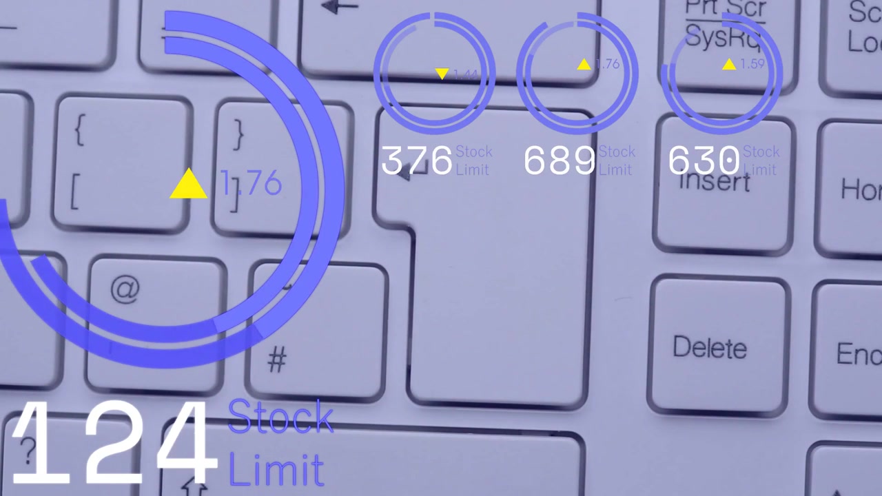 Fingertip tapping key, blue HUD rings expanding, readouts rising then falling, updating Stock Limit
