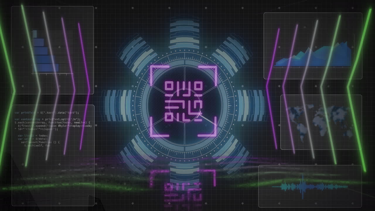 검은색 배경에 대한 데이터 처리 인터페이스를 통해 qr 코드 스캐너의 애니메이션