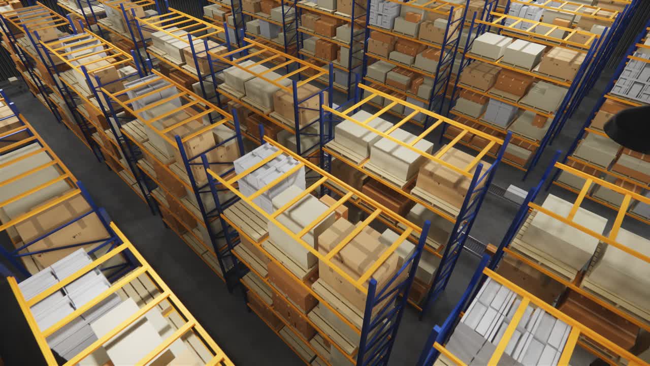 almacén con cajas de cartón en el interior en estantes de paletas, centro logístico. loft almacén moderno. cajas de cardboard en una cinta transportadora en un almacén, animación de renderización 4k 3d.