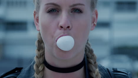 portrait beautiful gen z woman blowing bubblegum