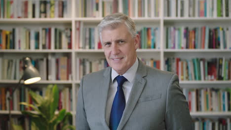 portrait of mature caucasian businessman boss checking wrist watch time looking confident at camera wearing suit in library bookshelf background