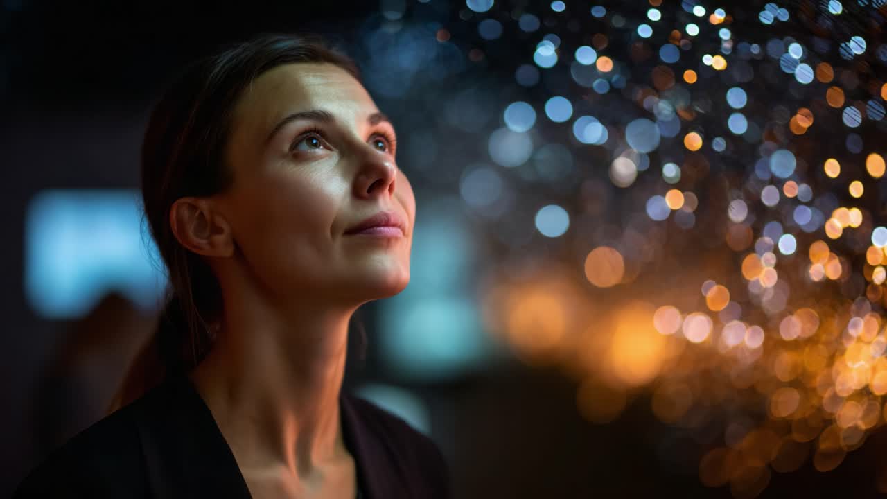 A woman gazes thoughtfully at a shimmering background of blurred lights, reflecting her introspection and the magic of a dreamlike atmosphere