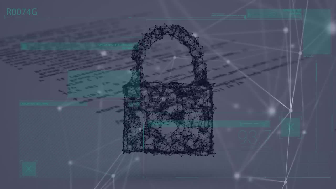 animación de la estructura de la cerradura con conexiones de red, datos financieros en la interfaz gráfica