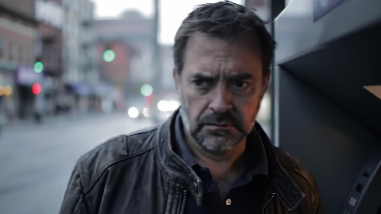 A Gritty Urban Scene Captures a Man at a Payphone, Lost in Thought and Reflection as the City Bustles Around Him in a Moody Atmosphere of Anticipation and Uncertainty
