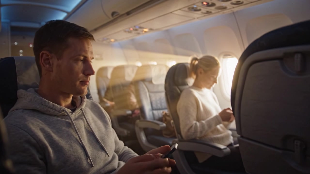 Eine entspannte Reise: In einer Flugzeugkabine mit Passagieren, die ihre persönlichen Geräte nutzen und stiller Besinnung inmitten sanfter Beleuchtung und Reiseambiente.